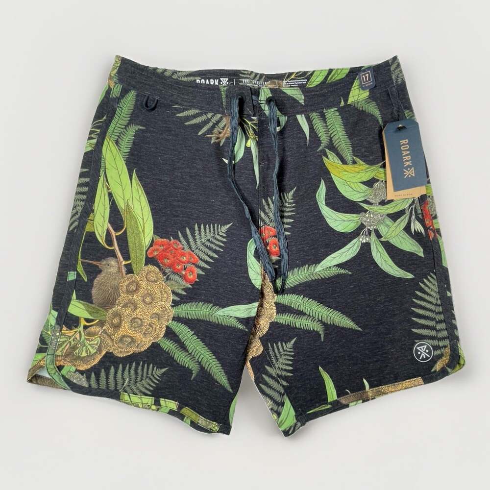 New Roark Men 28 Chiller Boardshort Kiwi Camo 17” Scallop Pockets Beach Tropical